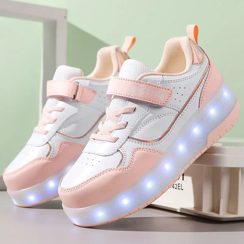 Children's rechargeable flashing roller skates with LED lights in pink, showing UK size markings