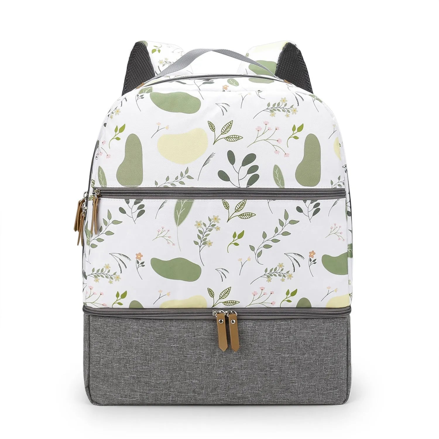 Grey insulated baby carrier backpack with curved shoulder straps and multiple compartments for mother and child travel
