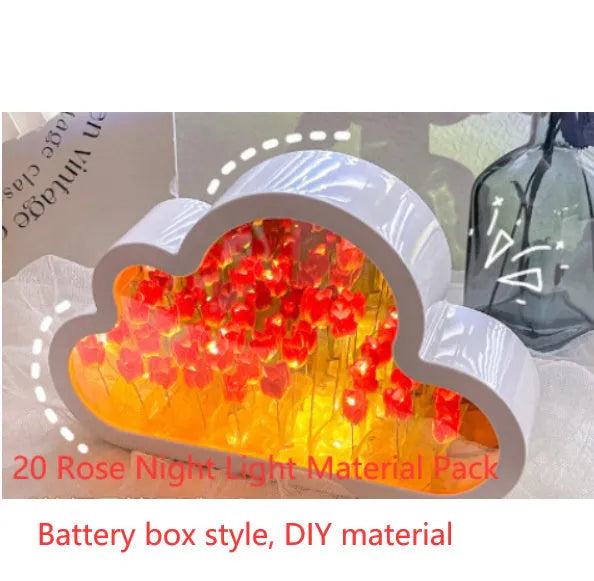 DIY cloud tulip night lamp with decorative mirror and LED light in pink, purple, blue or yellow colours