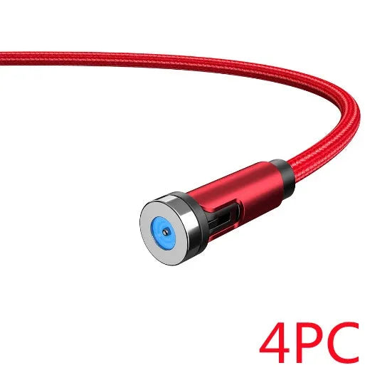 Essager black magnetic USB cable with 360-degree rotating head and blue LED light, shown with Micro USB, Lightning, and Type C tips.