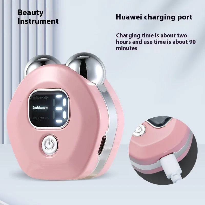 White portable facial massage instrument with double-roller head and USB cable on a blue background.