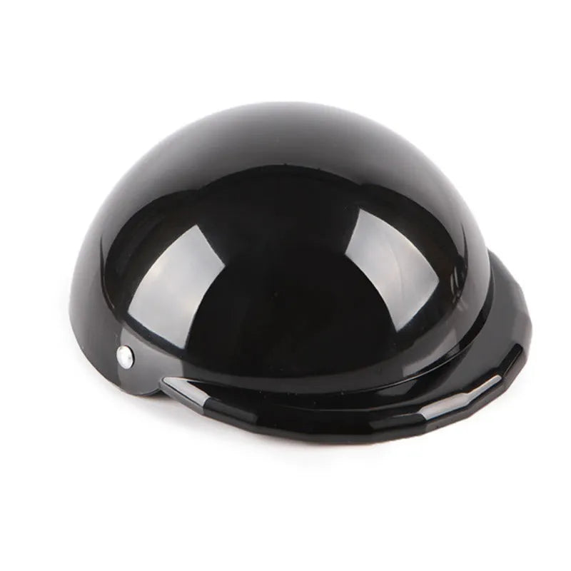 Plastic dog motorcycle cap helmet in a solid colour, shown in small, medium, and large sizes.