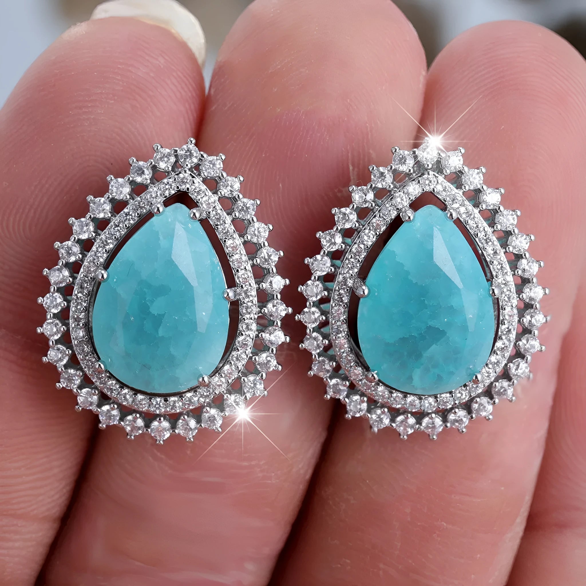 Women's heart-shaped water drop earrings with electroplated platinum ice flower diamond finish