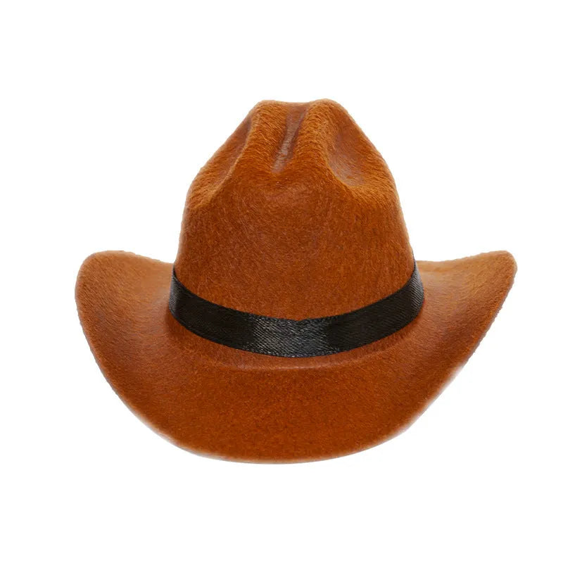 British-style brown cowboy hat for a cat with a black ribbon trim.