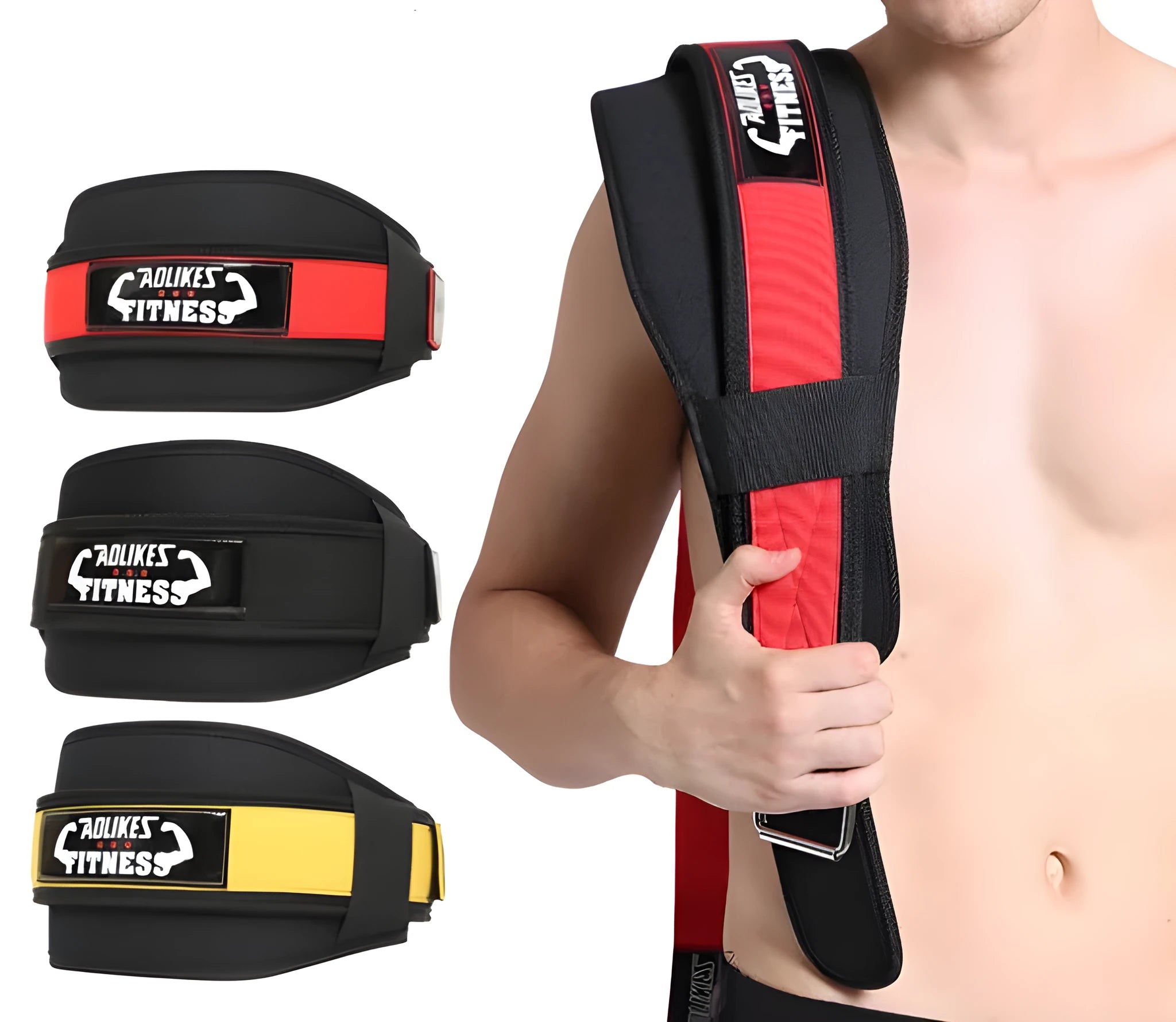 Nylon fitness weightlifting waistband for adults in black, red, or yellow.