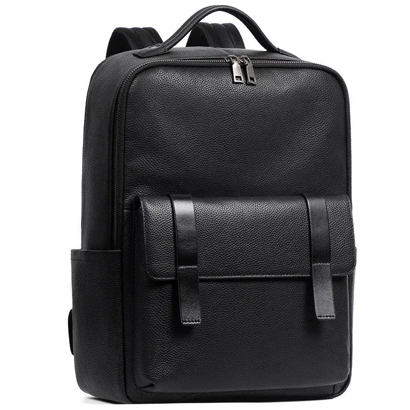Men's large capacity leather computer backpack with 36-55L storage in black