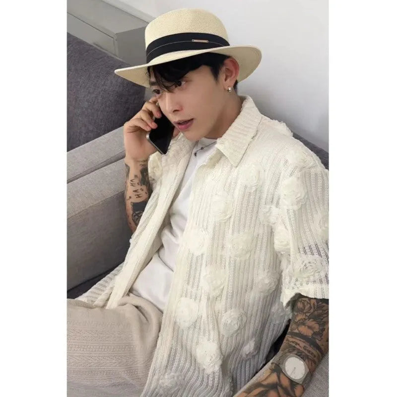 Loose fit short sleeve shirt with 3D floral pattern in milky white colour, shown on mannequin