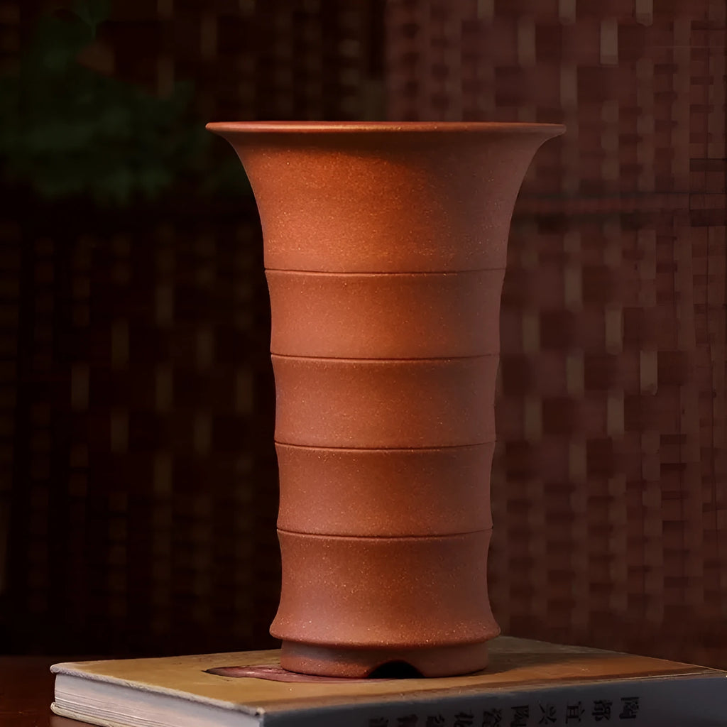 Handmade ceramic orchid pot with descending slope and mud purple sand finish, festival height, large or small
