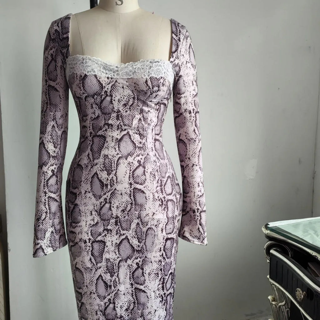 Grey slim fit women's lace dress with long sleeves, A-line skirt, and a digital 3D printed pattern.