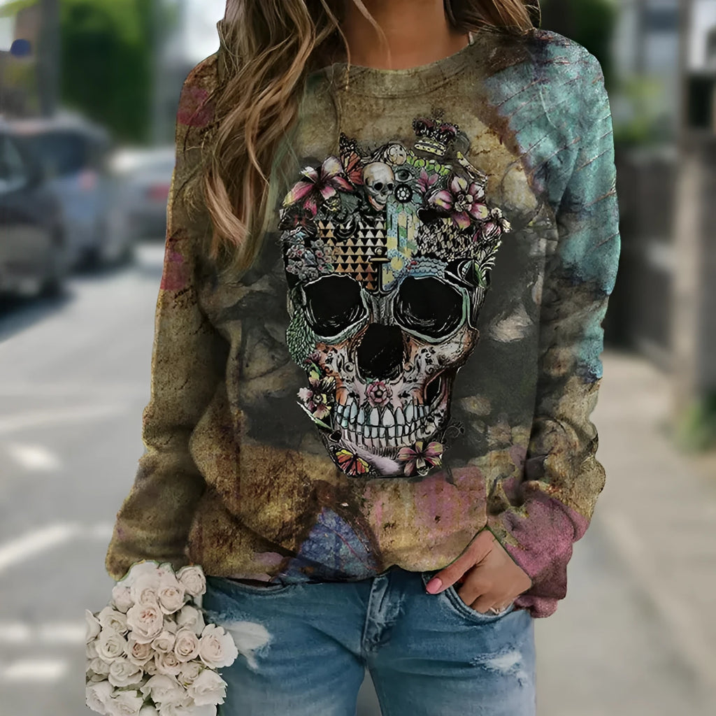 Black long sleeve sweatshirt with a graphic skull print design on the front.