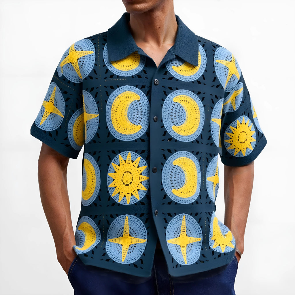 Navy blue men's short-sleeved cardigan with a raised flocked cartoon pattern on the front.