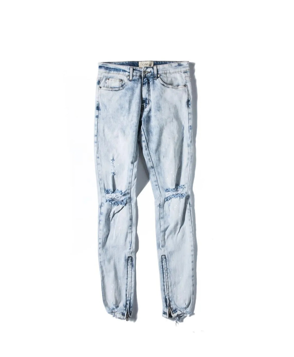 Men's light blue zipper jeans with cotton main fabric, shown in sizes 30 to 36 with waist and length measurements in cm.