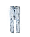Men's light blue zipper jeans with cotton main fabric, shown in sizes 30 to 36 with waist and length measurements in cm.
