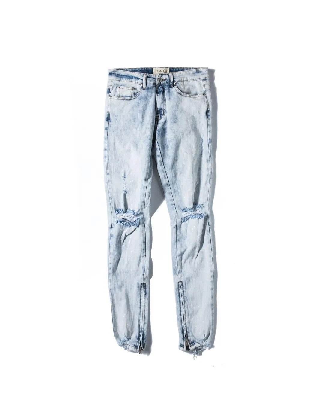 Men's light blue zipper jeans with cotton main fabric, shown in sizes 30 to 36 with waist and length measurements in cm.