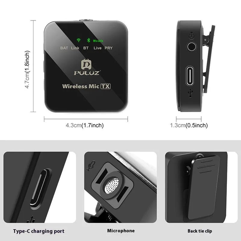 Wireless neckline clip microphone with carbon fibre transmitter, charging cable, and receiver for outdoor recording