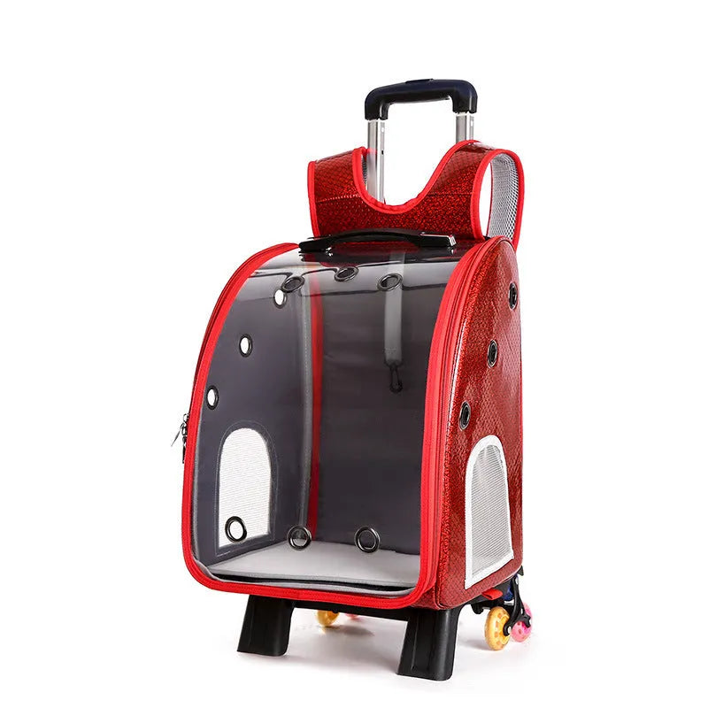 Transparent pet trolley diaper bag with folding shoulder design in blue colour