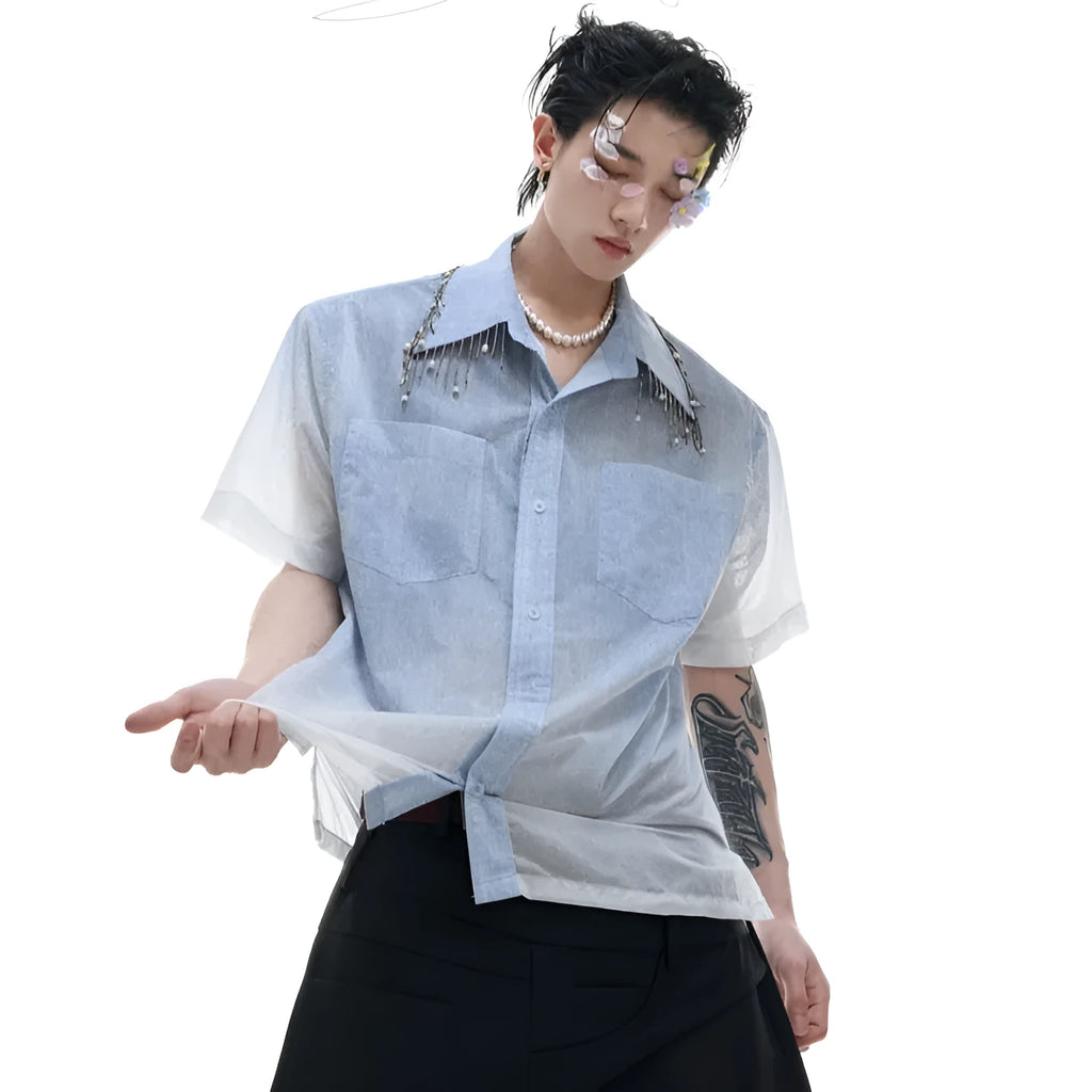 Blue and white gradient short-sleeved casual shirt on a hanger.