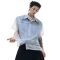 Blue and white gradient short-sleeved casual shirt on a hanger.