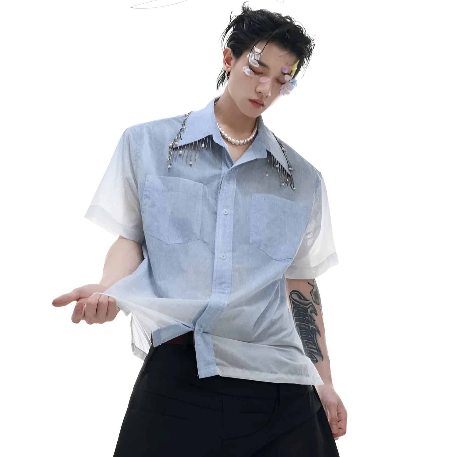 Blue and white gradient short-sleeved casual shirt on a hanger.