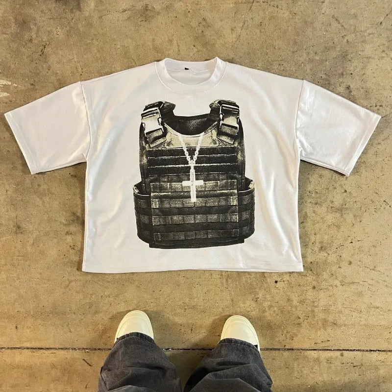 Printed cotton short sleeve t-shirt in retro street style with drop-shoulder sleeves and a funny graphic design.