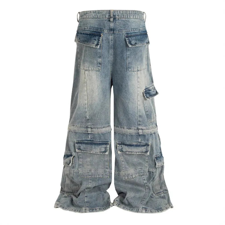 Cotton denim detachable overalls with washed-out finish and multiple pockets in black colour option
