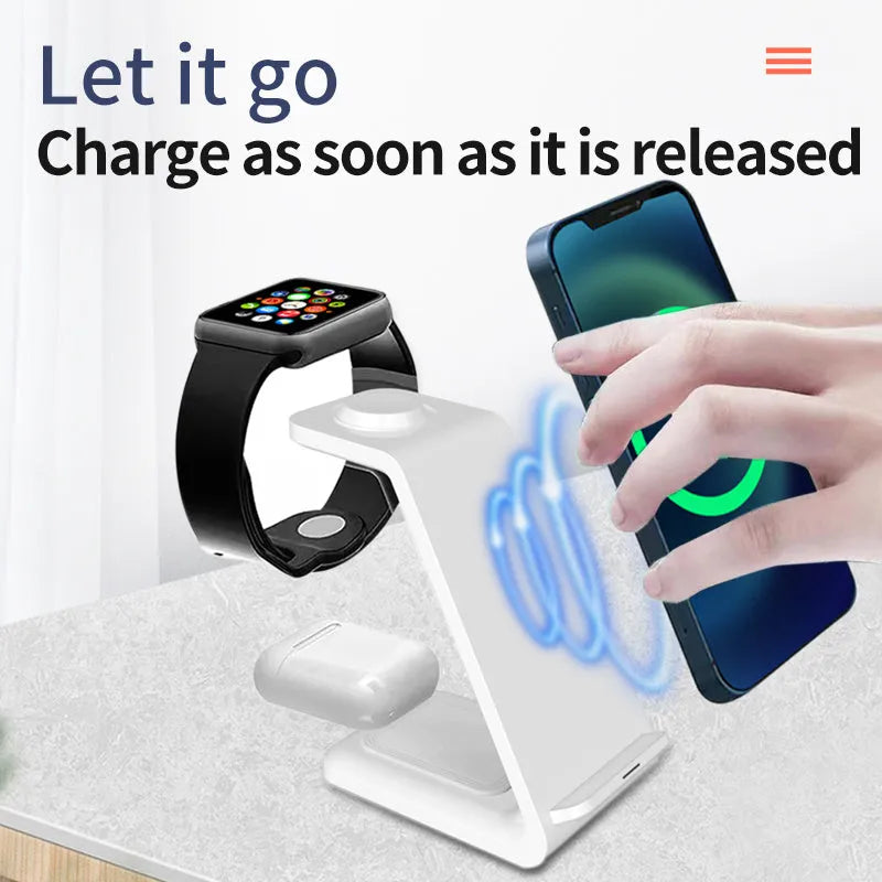 White upright dual coil wireless charger stand holding a mobile phone at an angle.