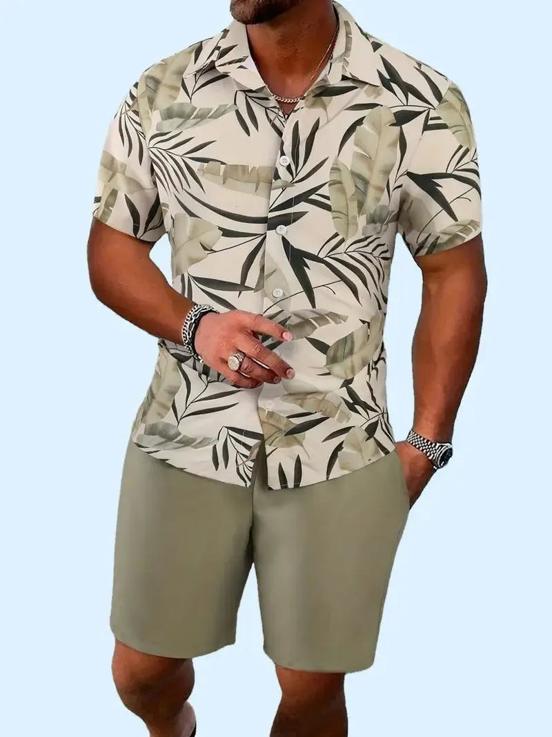 Men's 3D printed Hawaiian pattern short sleeve shirt and matching shorts co-ord set.