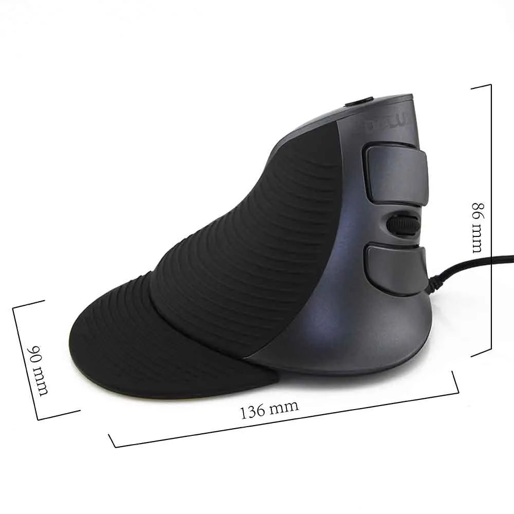 Black wired vertical ergonomic mouse shown beside white version, both with right-hand orientation and USB cable