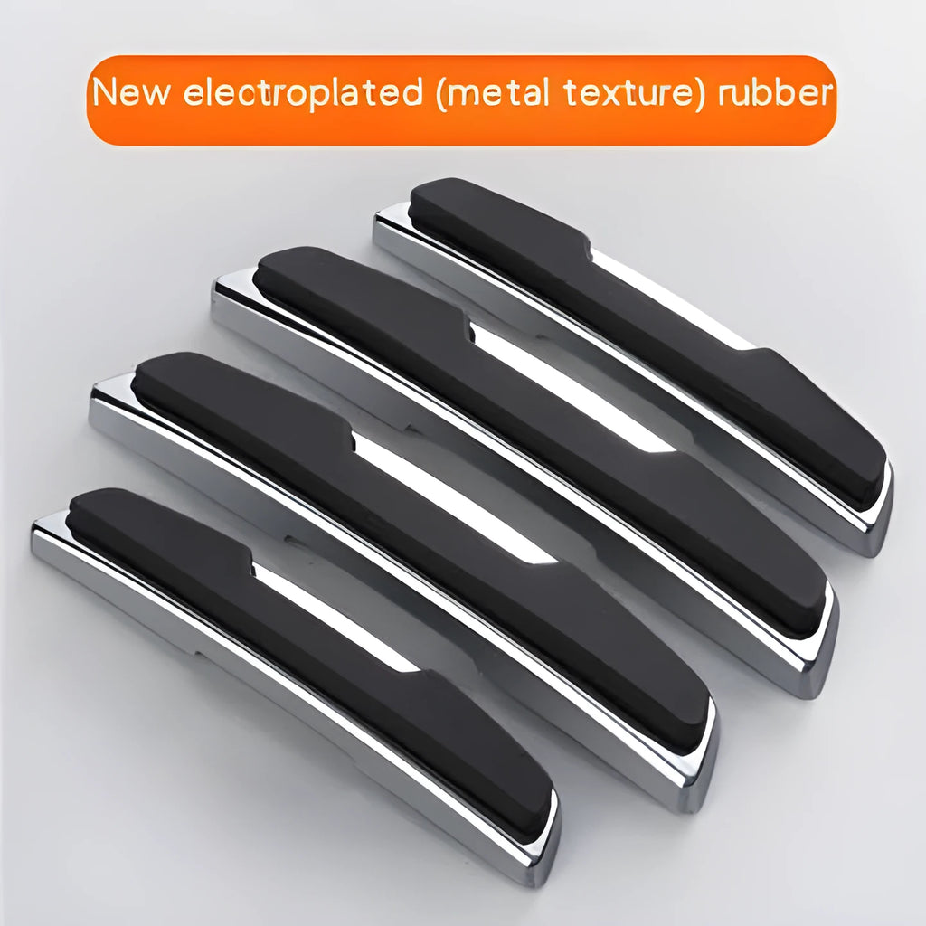 Four black plastic silicone car door bumper strips, each measuring 9.5 by 2 centimetres.