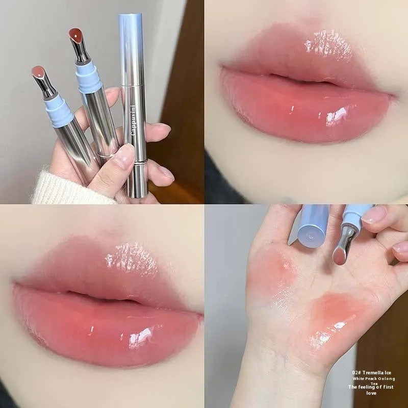 Mirror Water Light Lip Gloss Lipstick in translucent shades showing reflective finish and 12.9cm height