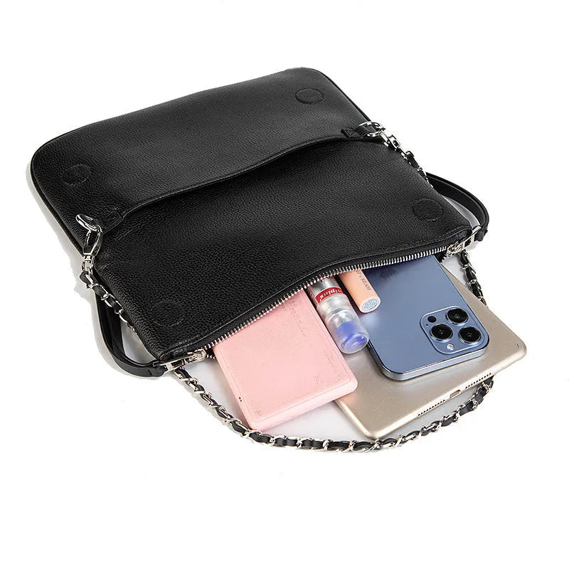 Women's foldable chain messenger clutch bag in black with cross-body shoulder straps and sandwich zipper compartment