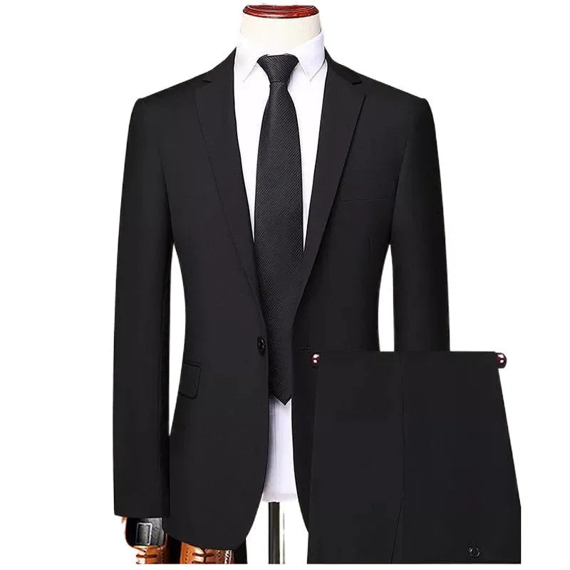 Men's Korean slim fit three-piece business suit set in black colour with tie