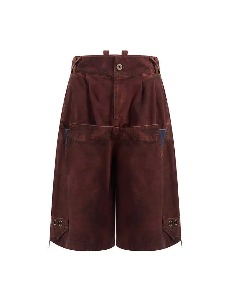 Men's black double waist cropped pants with washed stitching details and mid-high waist
