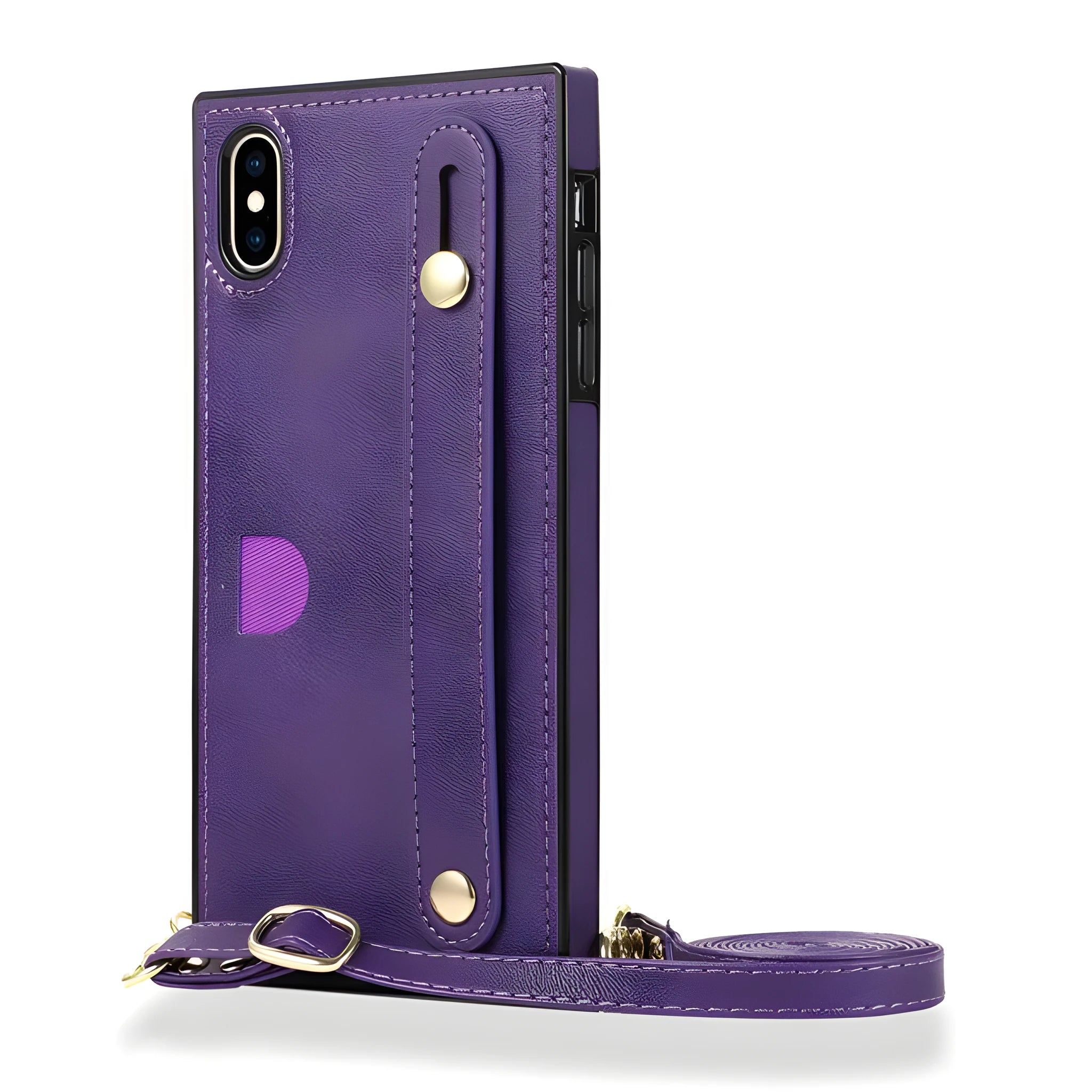 Leather iPhone holster case with card holder slot and attached wrist strap in multiple colours.