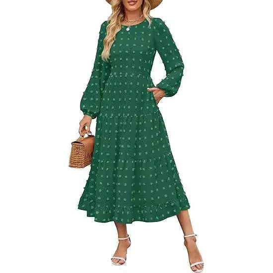 Women's beige long sleeve casual dress with high waist and ruffle sleeves on a model.