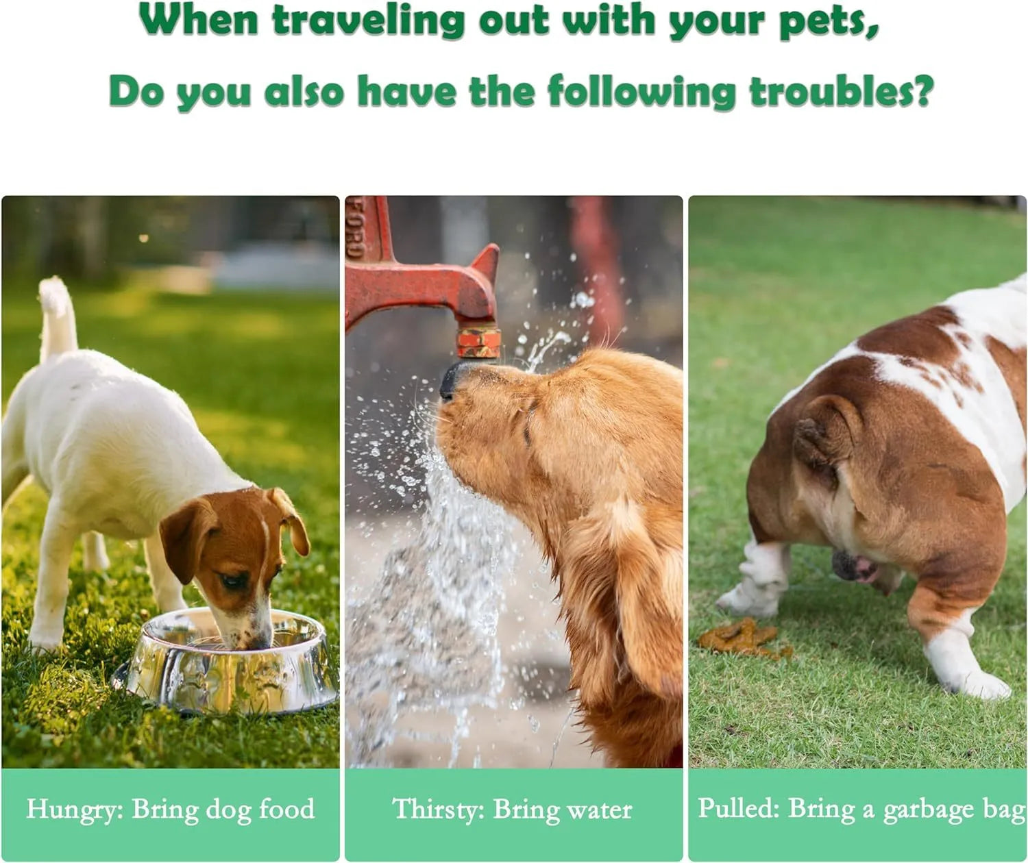 Green, pink, or white 3-in-1 portable pet water bottle with food container and garbage bag dispenser attached to a strap.