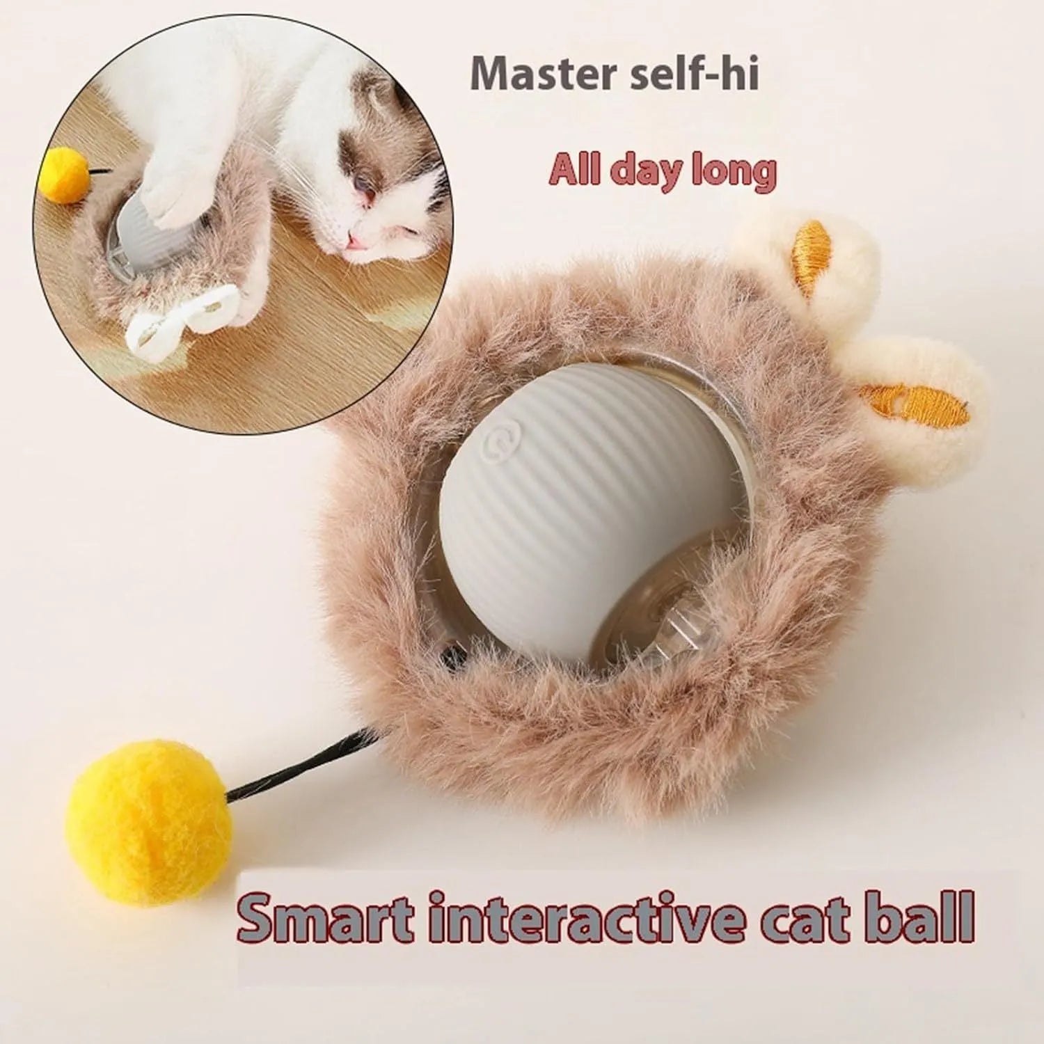 Grey green and red automatic rotating rolling ball pet toy with string for dogs and cats.