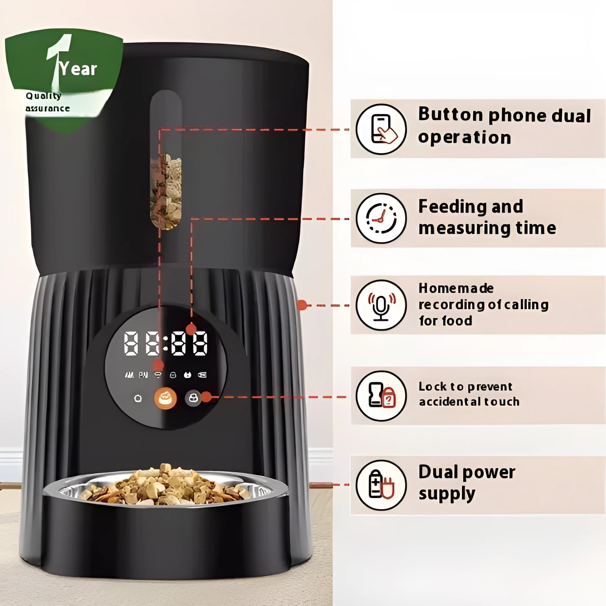 Black automatic pet feeder with digital timer display and remote control on a table.