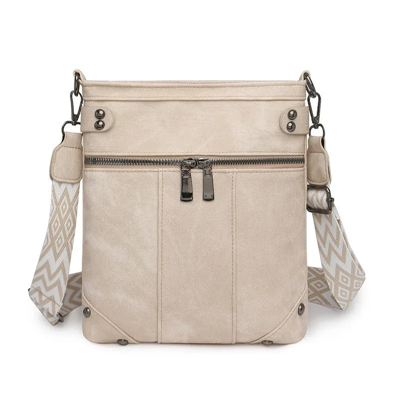 Fashion new rivet crossbody women's bag in beige PU horizontal square urban simplicity