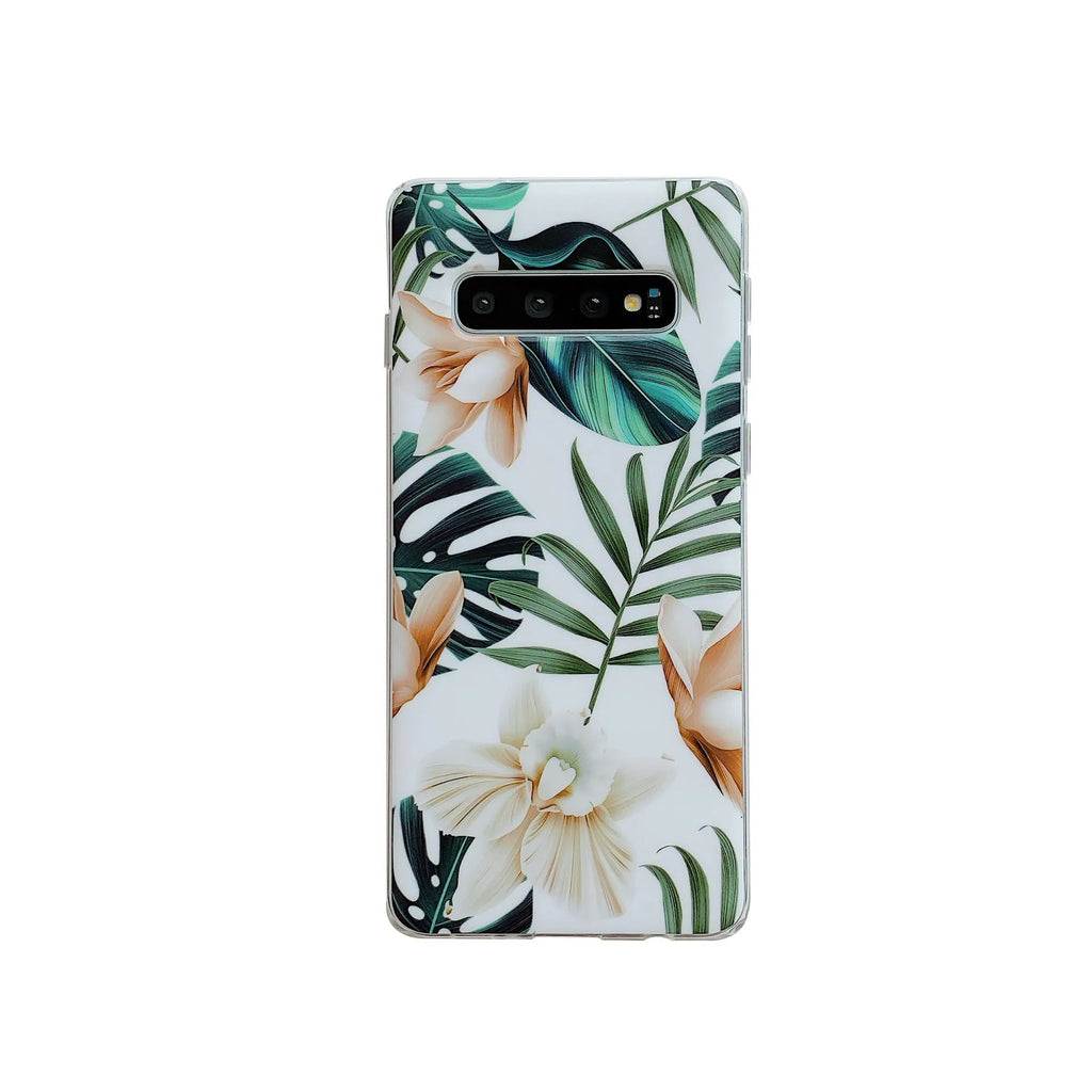 Samsung Galaxy phone case with green leaf floral pattern in TPU material for S8/S9/S10 models