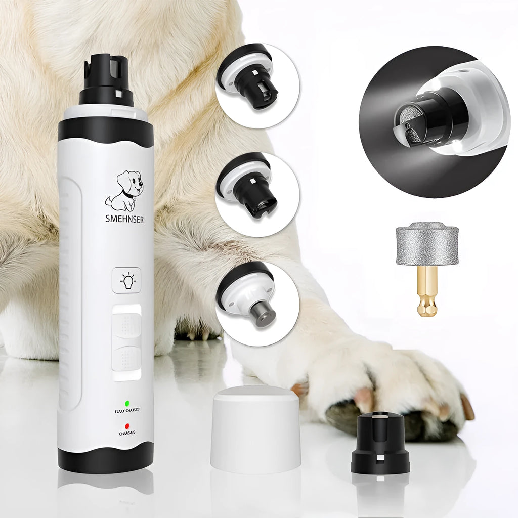 Electric dog nail grinder with LCD screen, LED lights, and dust collection bin on a white background.