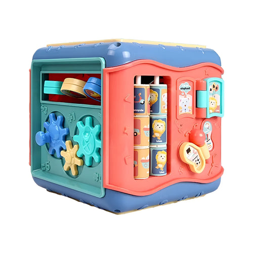 Colourful hexahedron educational toy showing bead maze, gear connections, and clock learning activities