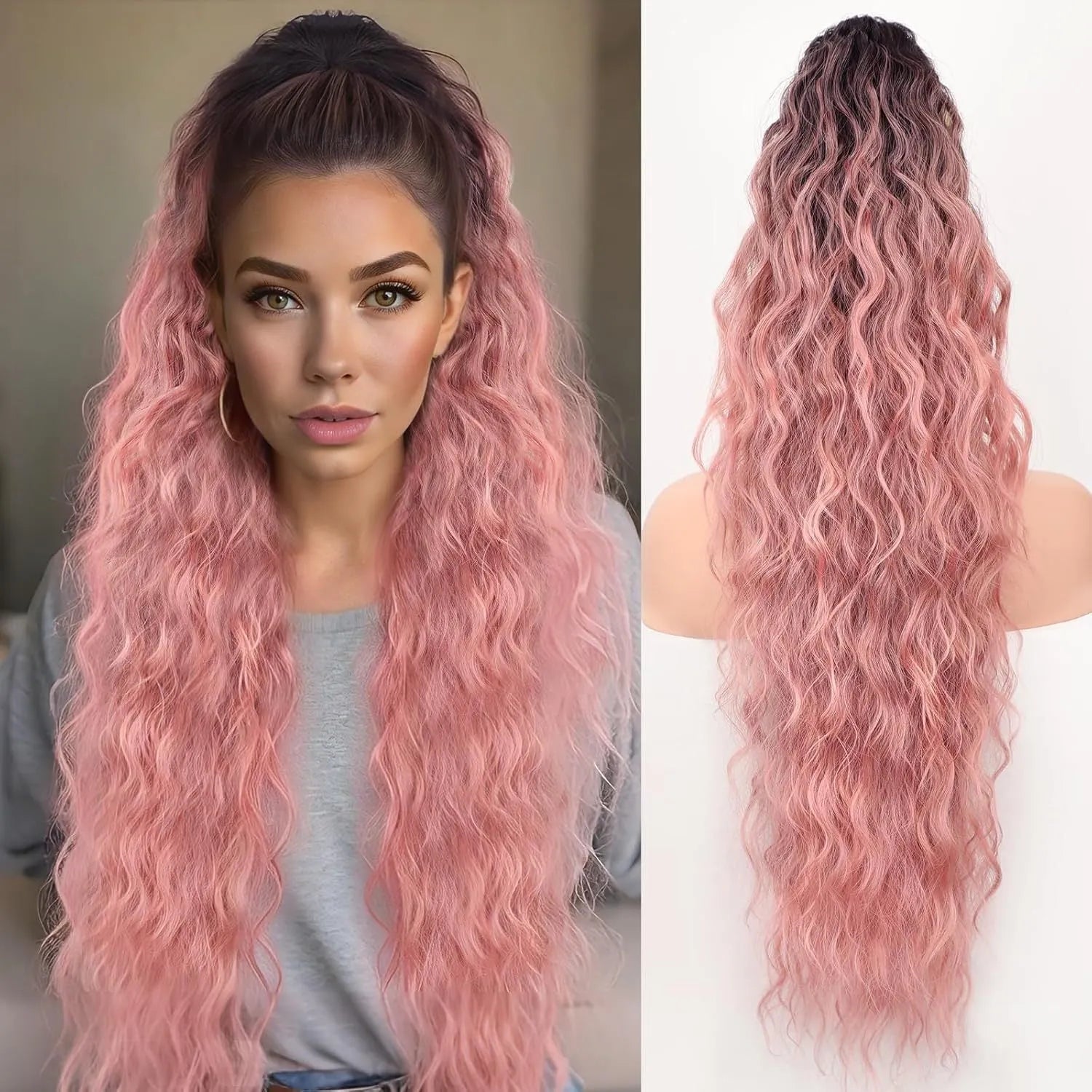 Long 30-inch curly ponytail wig in high temperature fibre for costume and cosplay.