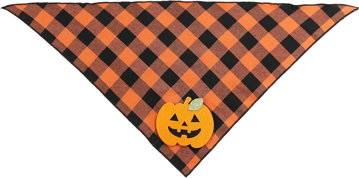 Orange Halloween dog bandana with pumpkin appliques and white skeleton design on plaid pattern