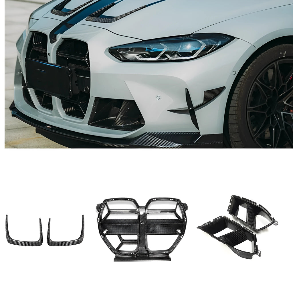 Dry carbon fibre front grille with 3K weave for BMW M3 M4 G80 G82 models in black.