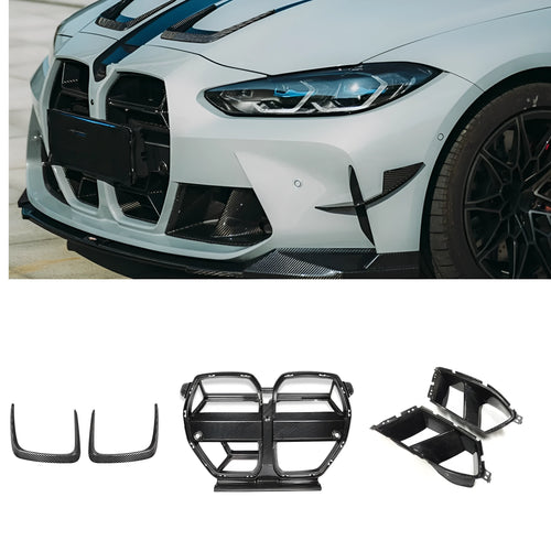 Dry carbon fibre front grille with 3K weave for BMW M3 M4 G80 G82 models in black.