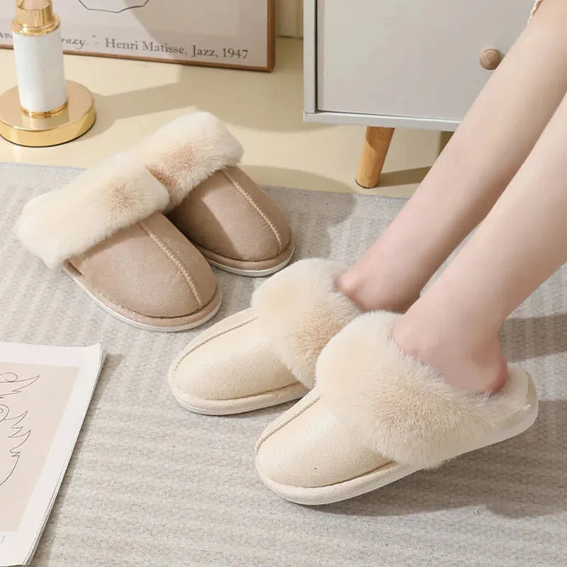 Women's plush winter slippers with round toe, available in brown, grey, pink and white.