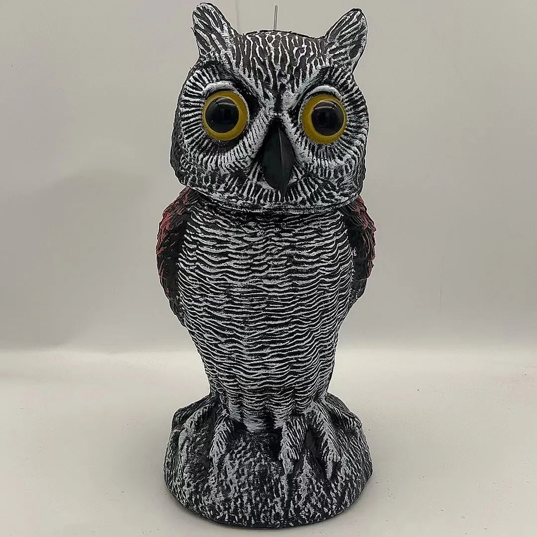 PE plastic artificial owl decoy with moving head, a bird scare ornament for outdoor use.