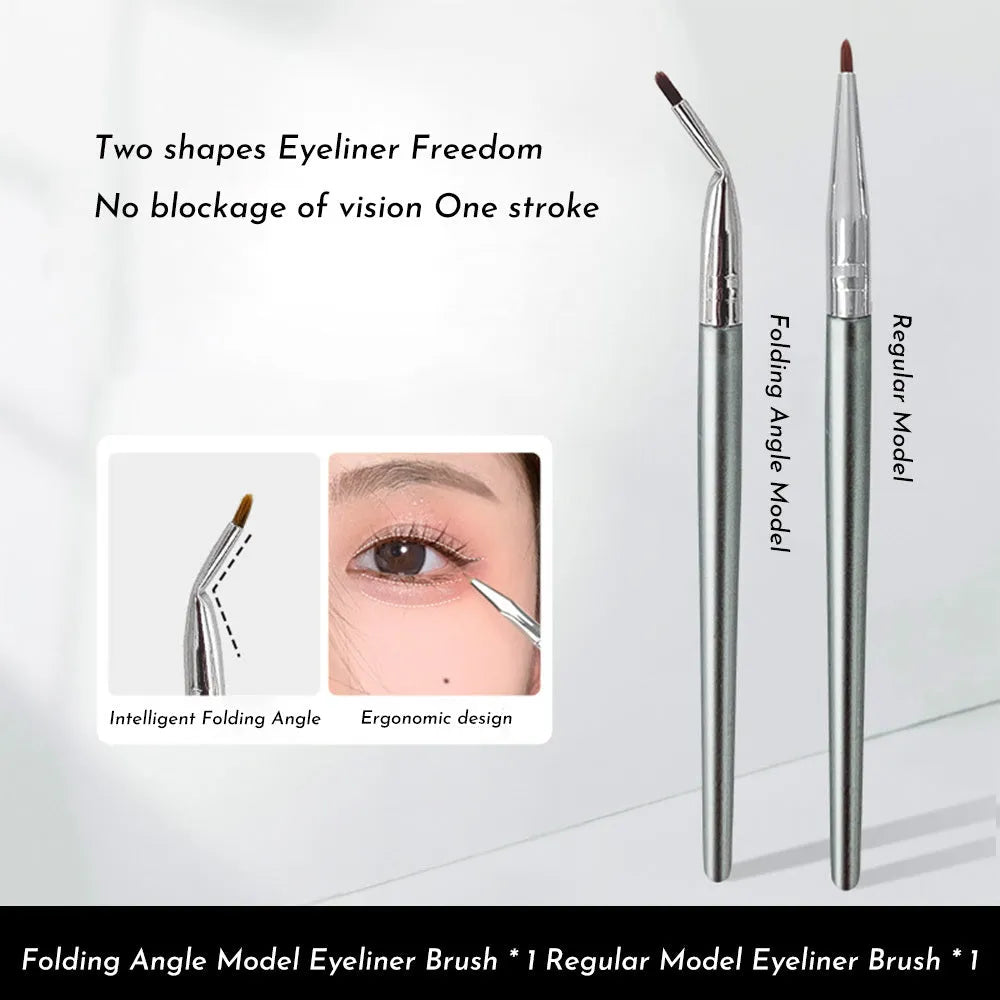 Angled bend head makeup brush with fine tip for eyeliner and under-eye concealer application on a wooden table.
