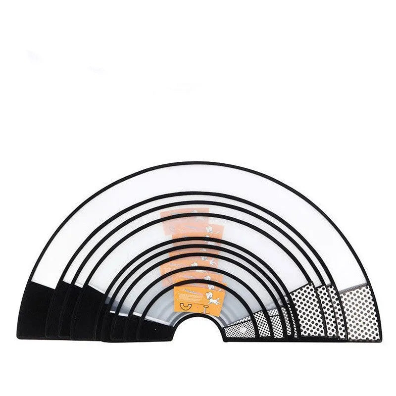 Transparent PP pet cleaning ring collar with adjustable Velcro, shown in size options for 9-46cm necks